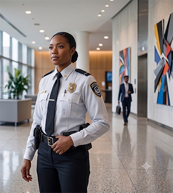 Professional security officer on duty in a corporate lobby